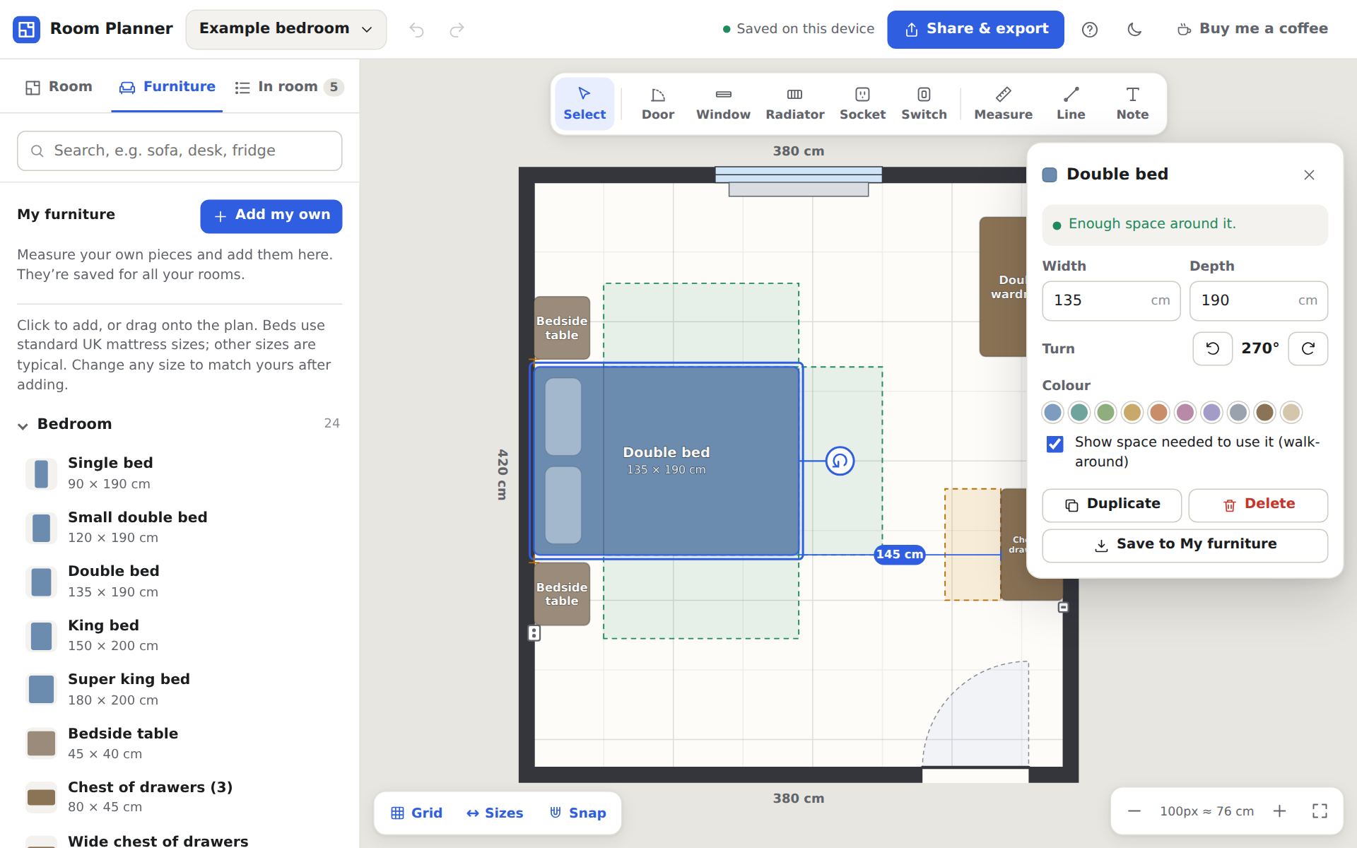 Room Planner showing a 3.8 by 4.2 metre bedroom with a double bed, bedside tables, a wardrobe and a chest of drawers. The selected bed shows its walk-around space, a 145 cm gap to the chest of drawers, and a panel for changing its size, colour and rotation.
